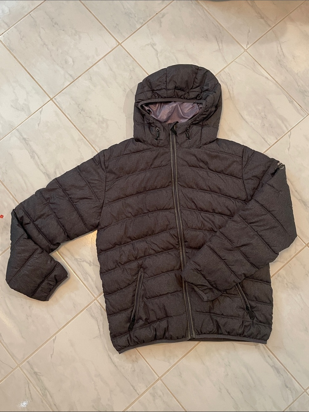 Point Zero Hooded Puffer Jacket - Charcoal. Zipper pockets.